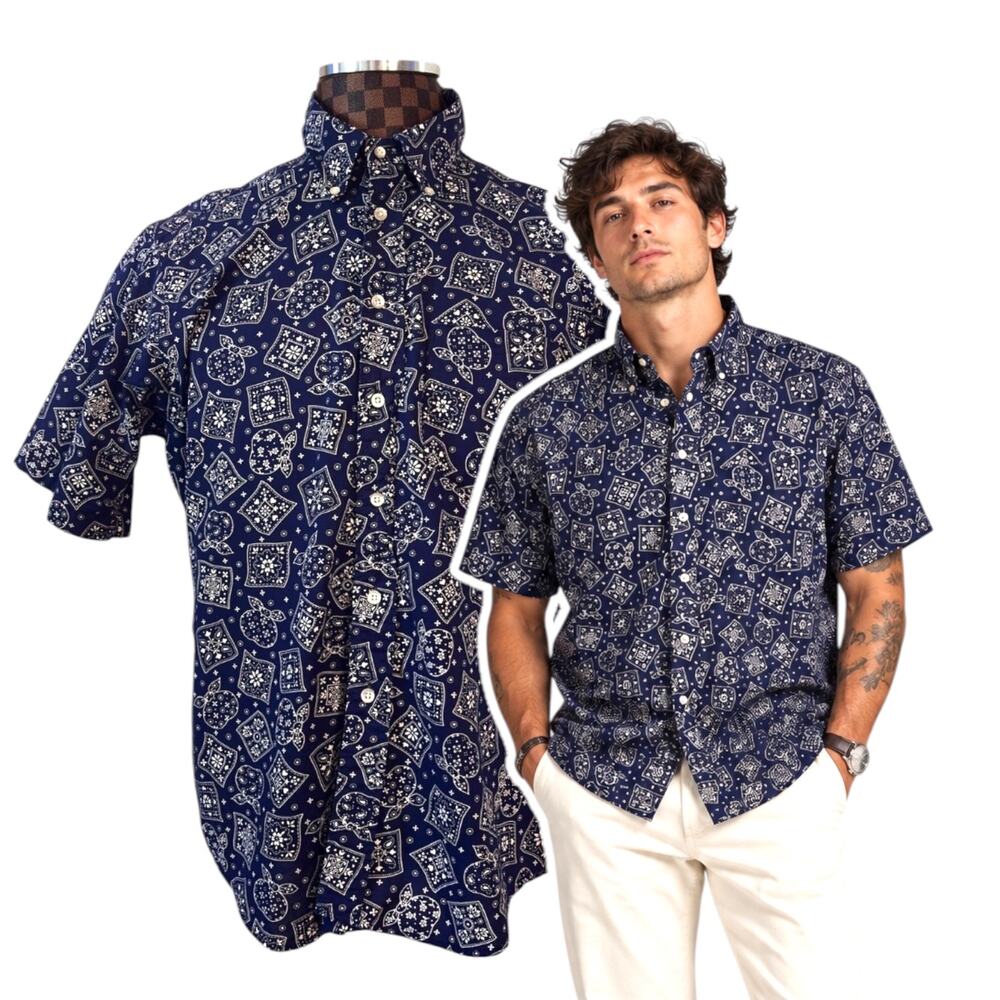 Mens Bandana Hobo Print Shirt Blue White XL Short Sleeve Old School Clothing Co.